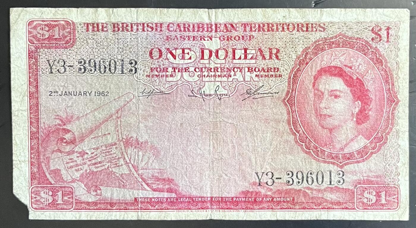 小福收藏拍卖第201期 流通品相裸钞 特惠场 本场拍卖美洲大洋洲非洲亚洲纸币【佣金仅收2% 不设最低佣金 全场包邮】 英属东加勒比 1962年 1元 缺角