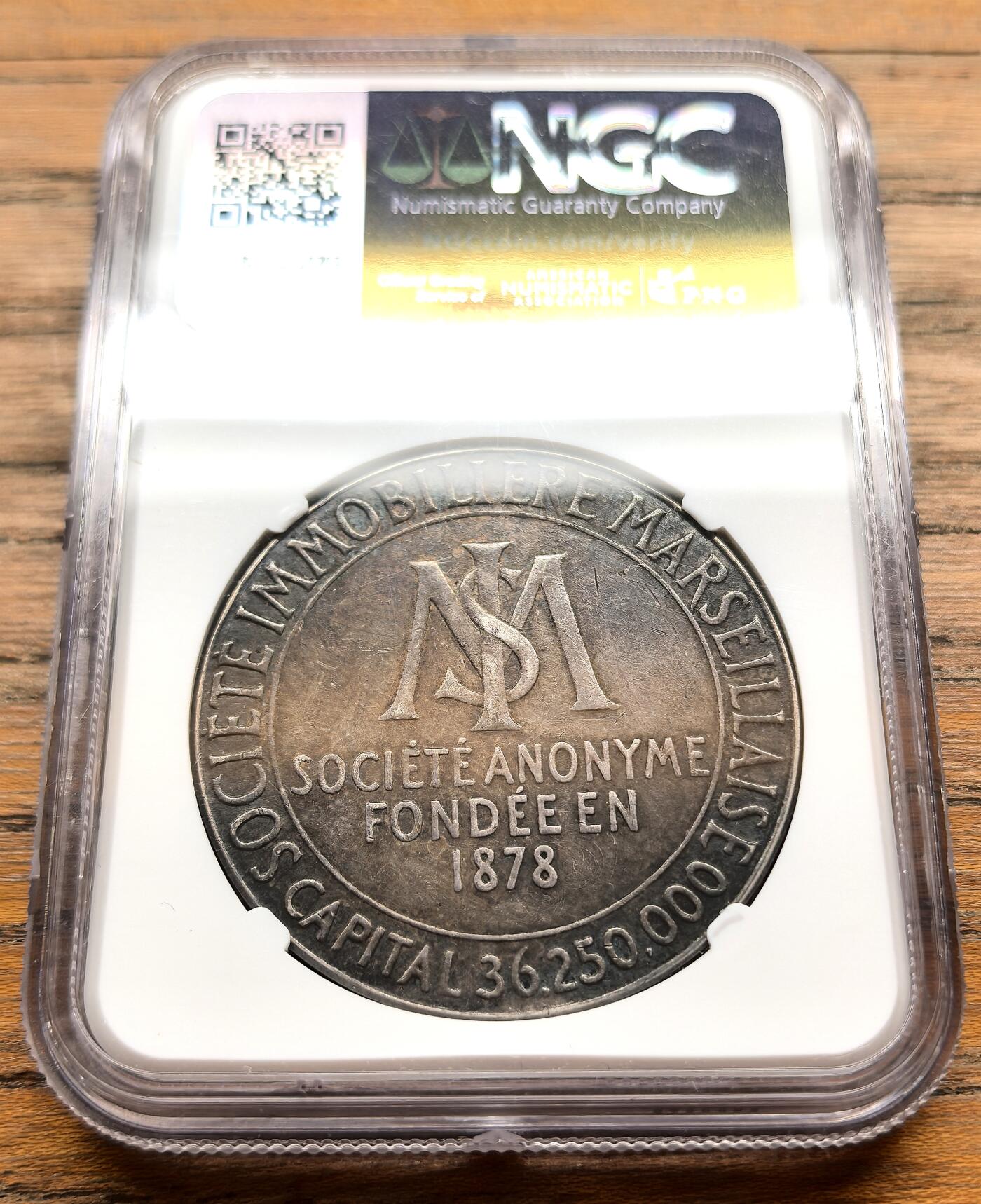 此心安处是吾乡·凡希社世界钱币微拍第三百二十期 1878法国马赛地产有限公司创立纪念银章NGC-MS61，通体黑彩，包浆均匀优美，首见品种。