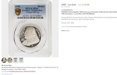 万国钱币拍卖第061期（马年首拍） PCGS SP64 1928年德国版画画仙丢勒逝世400周年纪念银章 精铸镜面满喷砂质感 香槟彩原味包浆环绕 收藏级品质