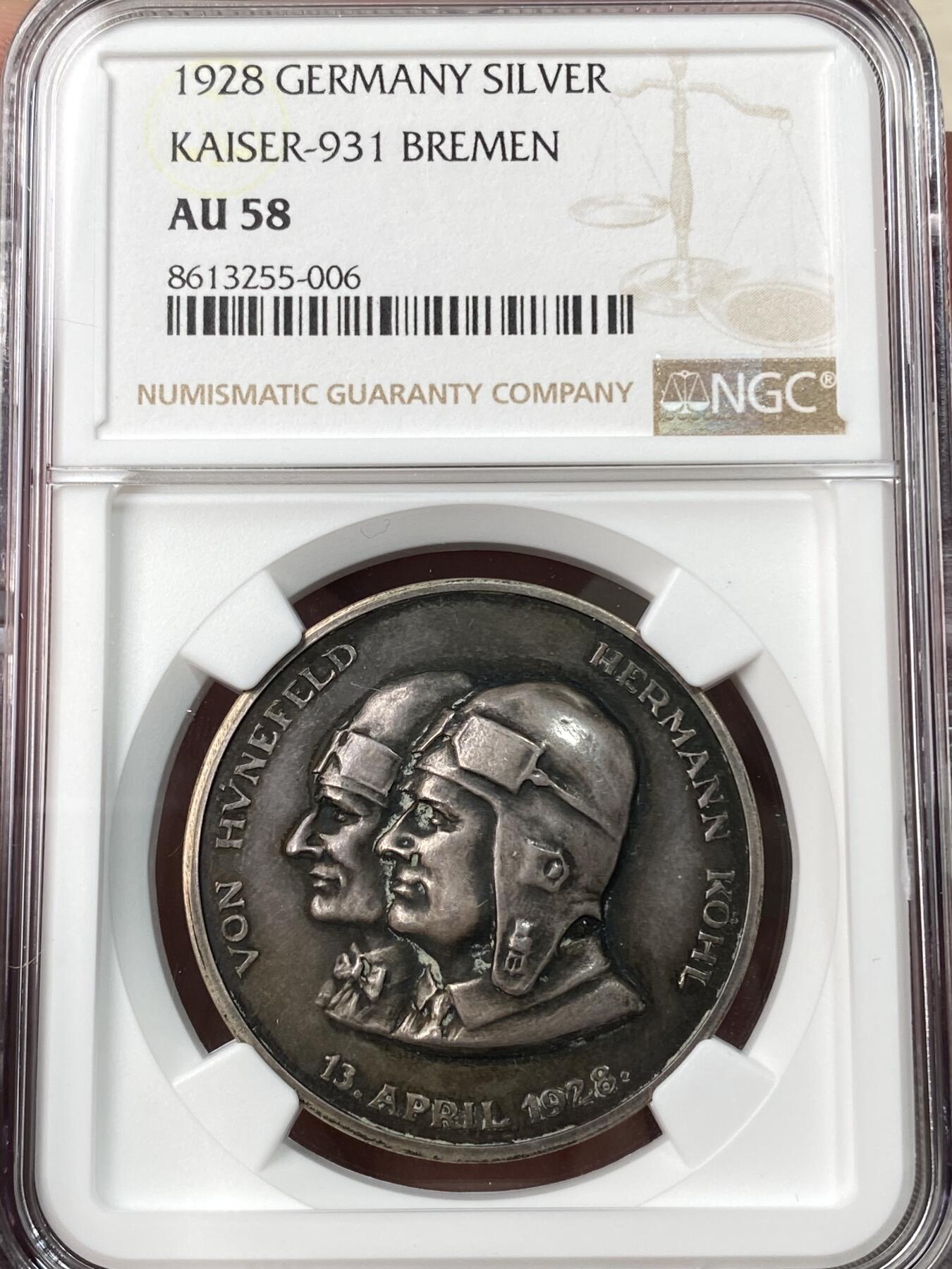 万国钱币拍卖第062期 NGC AU58 1928年德国不莱梅兄弟飞跃大西洋纪念银章 高浮雕酱黑彩