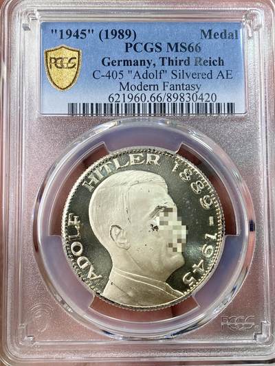 万国钱币拍卖第062期 - PCGS MS66 1945年（1989年后铸）德国民族社会主义工人党党首镀银铜制纪念章 喷砂质感深度镜面（原图请私信后台或自行查询官网）