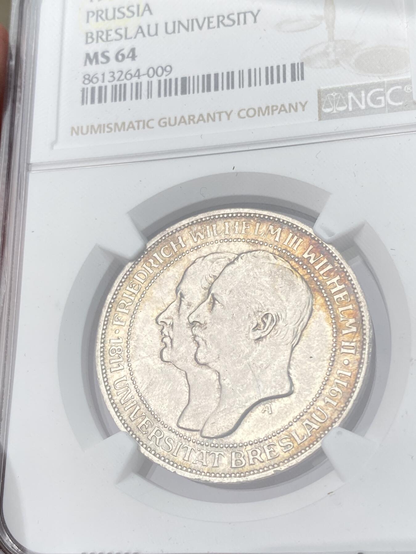 万国钱币拍卖第062期 NGC MS64 1911年德国普鲁士布雷斯劳大学长翅3马克 双面转光环五彩极美光度炸裂