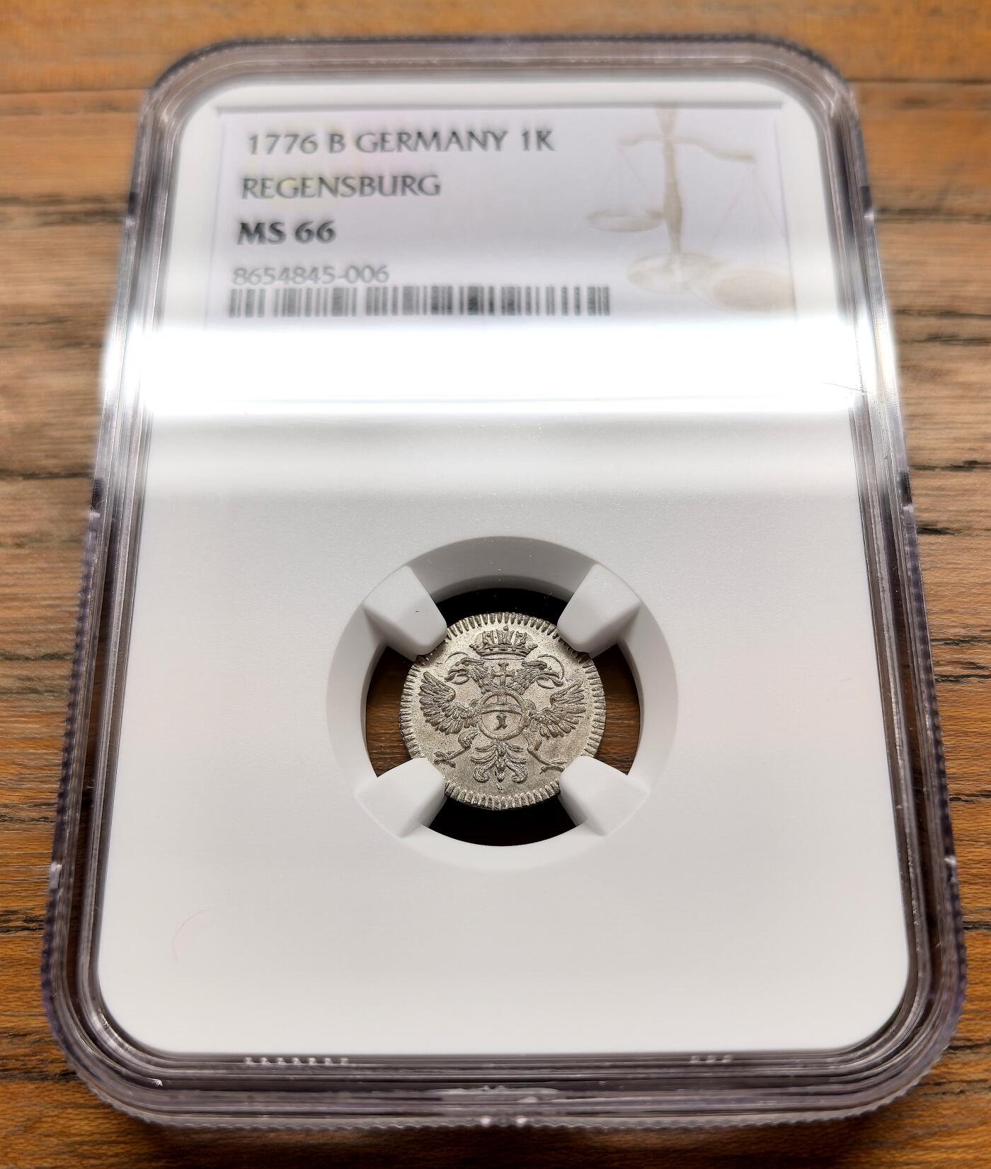 此心安处是吾乡·凡希社世界钱币微拍第三百二十期 1776B神罗雷根斯堡自由市1克鲁泽银币NGC-MS66，高分收藏级！