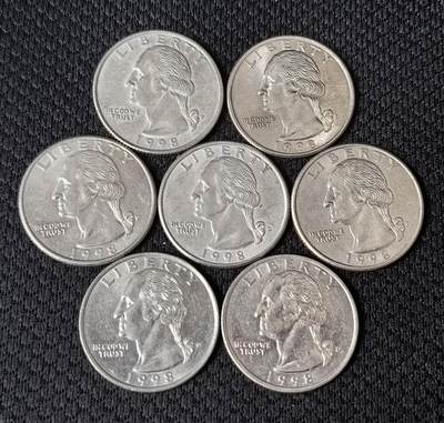 外国优质老铜币银币，正月十二晚九点倒数截拍，满百包邮可寄存，持续收拍 - 美国1998年1/4美元7枚