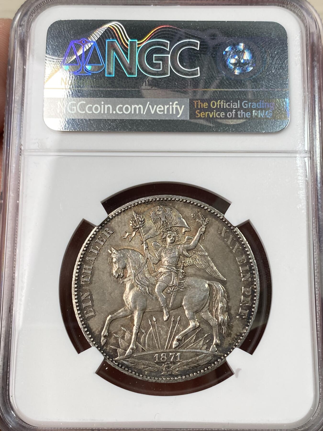 万国钱币拍卖第062期 NGC MS62 1871年德国萨克森普法战争胜利泰勒 经典女武神骑马凯旋泰勒 原味欧陆五彩环绕 胜利系列中发行量最少品种