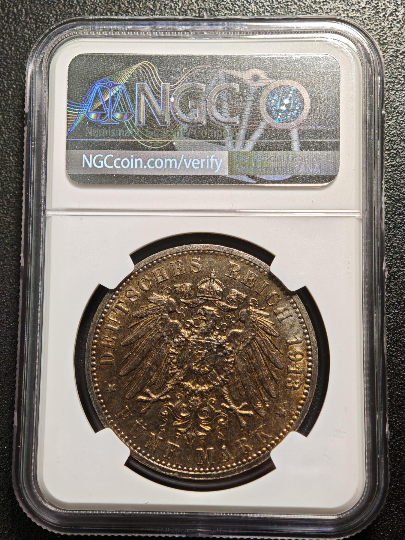 【德藏】世界币章拍卖第166期（拍品征集中~欢迎藏友联系） 1913年 德国汉堡5马克大银币 NGC AU