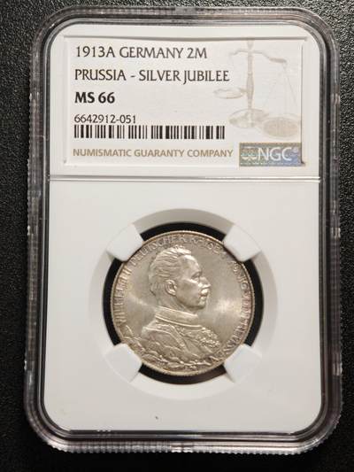 【德藏】世界币章拍卖第166期（拍品征集中~欢迎藏友联系） - 1913年 德国普鲁士威廉二世军装2马克银币 NGC MS66 原味淡包浆