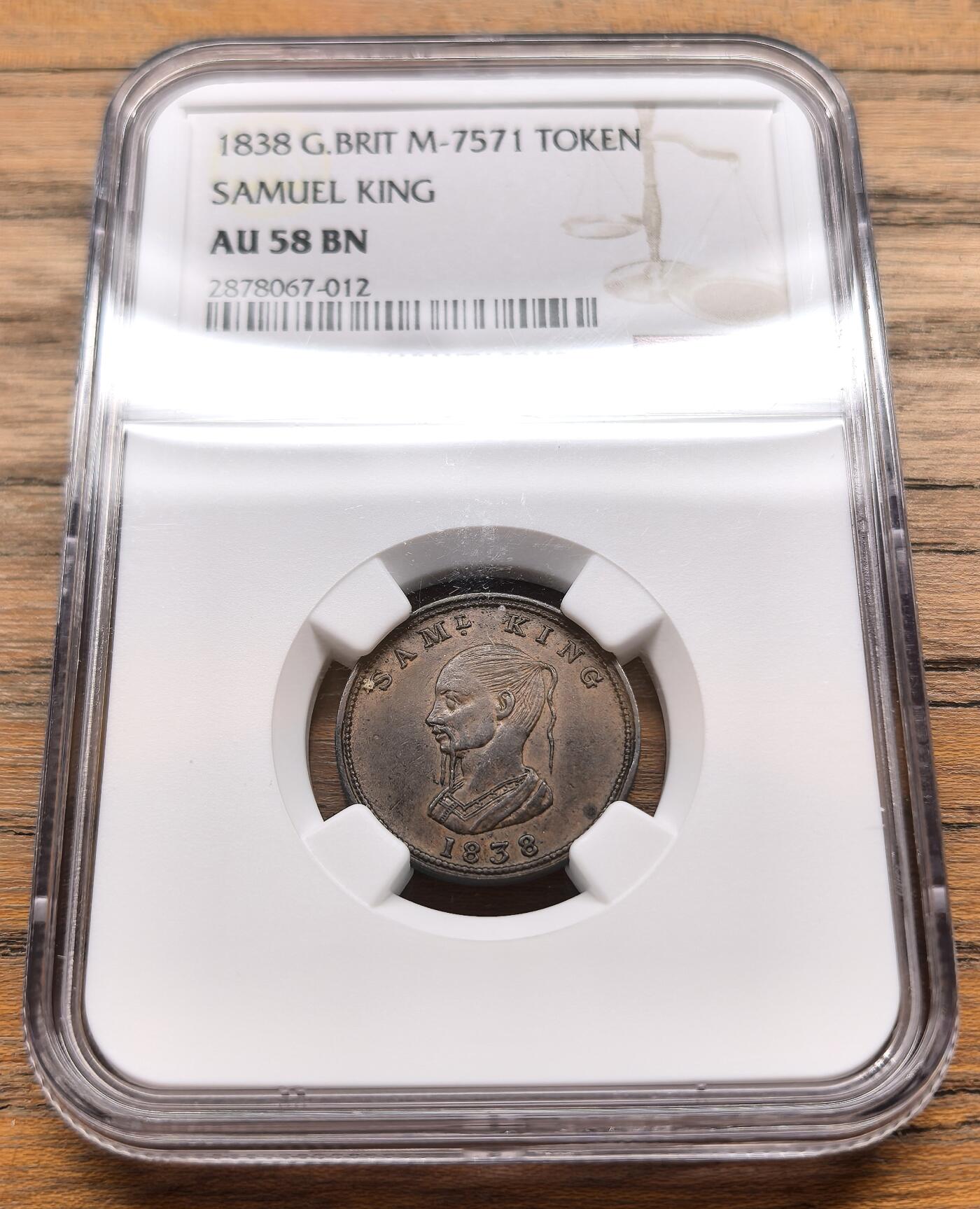 此心安处是吾乡·凡希社世界钱币微拍第三百二十期 1838英国伯明翰茶商Samuel King铜代用币NGC-AU58，首次出现了清朝人物形象的商业token。