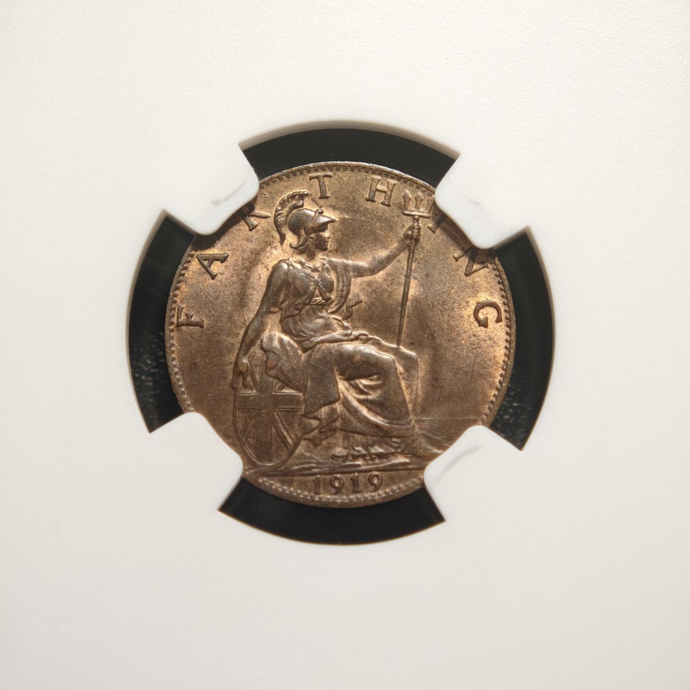 【德藏】世界币章拍卖第166期（拍品征集中~欢迎藏友联系） 1919年 英国爱德华七世1/4便士铜币 NGC MS63BN 状态极佳