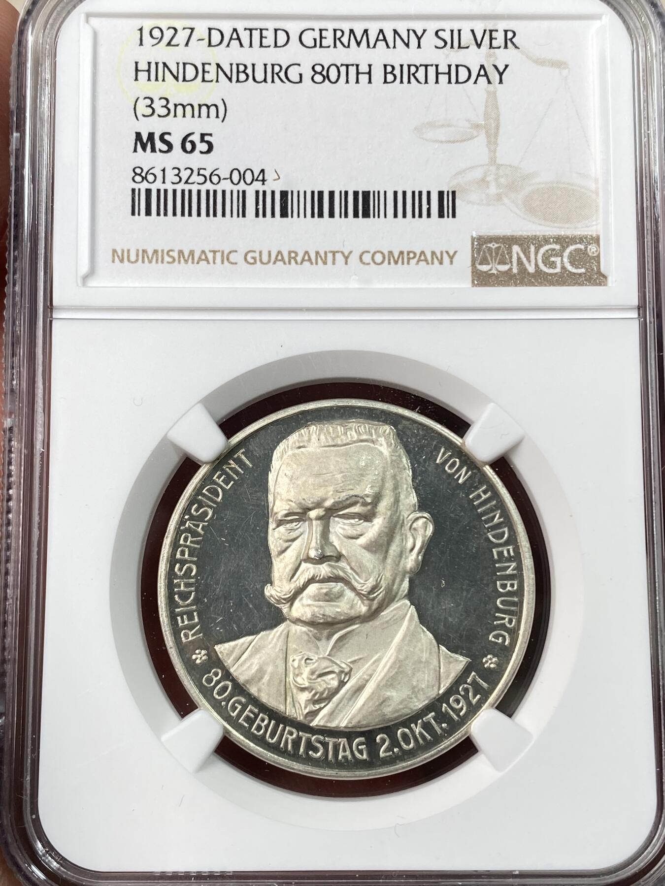 万国钱币拍卖第062期 NGC MS65 1927年魏玛共和国兴登堡总统80大寿纪念银章 精铸深度镜面帝国鹰祝寿 同类型中比较罕见的品种 顶级高分收藏级