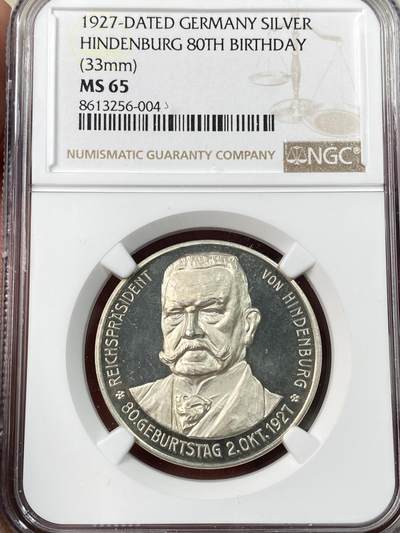 万国钱币拍卖第062期 - NGC MS65 1927年魏玛共和国兴登堡总统80大寿纪念银章 精铸深度镜面帝国鹰祝寿 同类型中比较罕见的品种 顶级高分收藏级