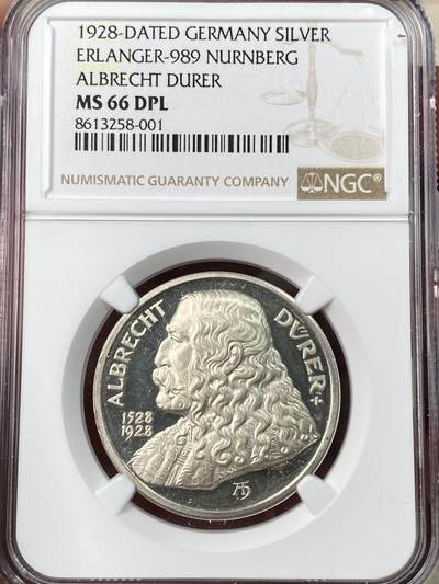 万国钱币拍卖第062期 - NGC MS66DPL 1928年德国版画画仙丢勒逝世400周年纪念银章 满喷砂深度精铸镜面 此品种难得一见的顶级收藏状态