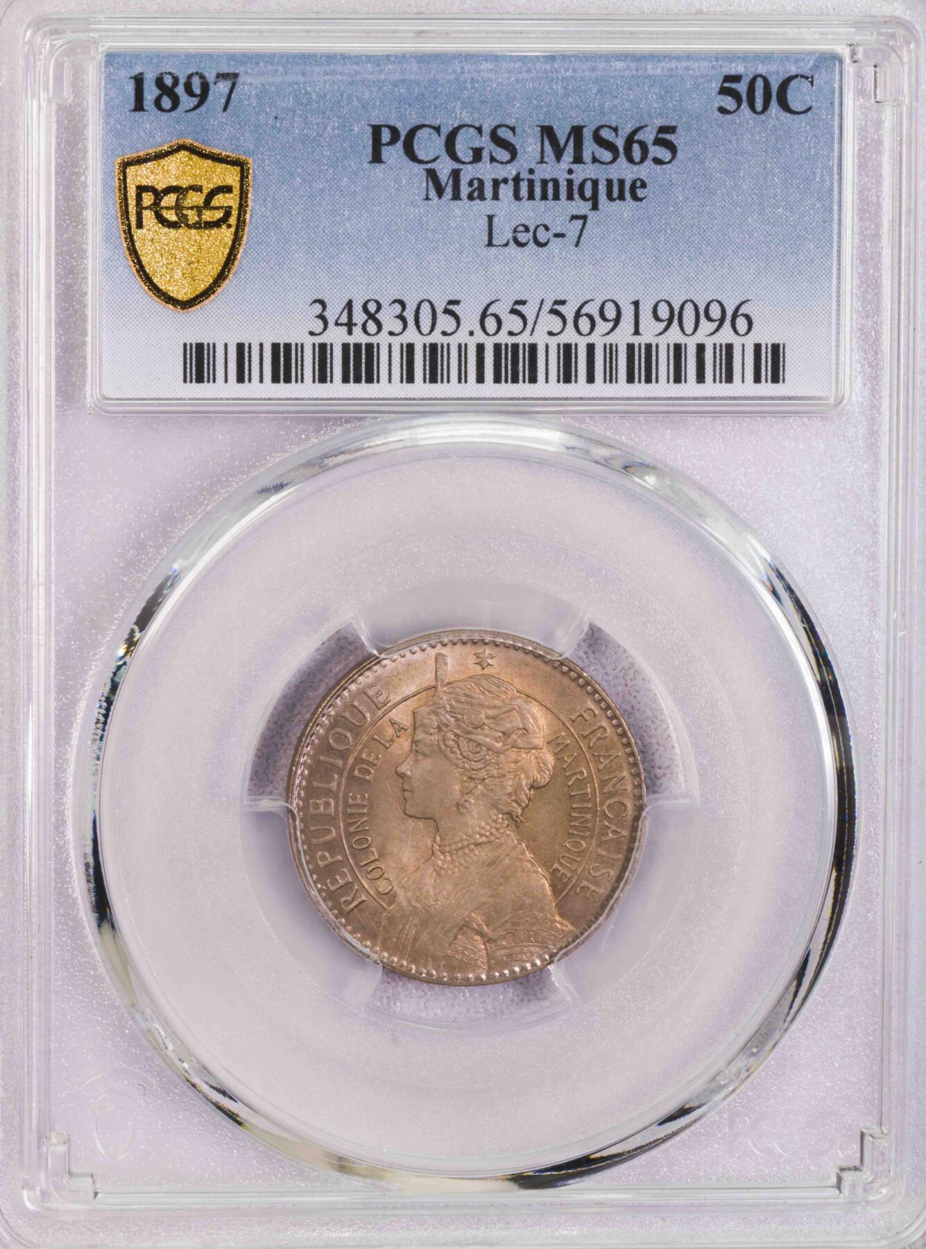 PCGS-MS65 1897马提尼克50分铜币 冠军极品原光