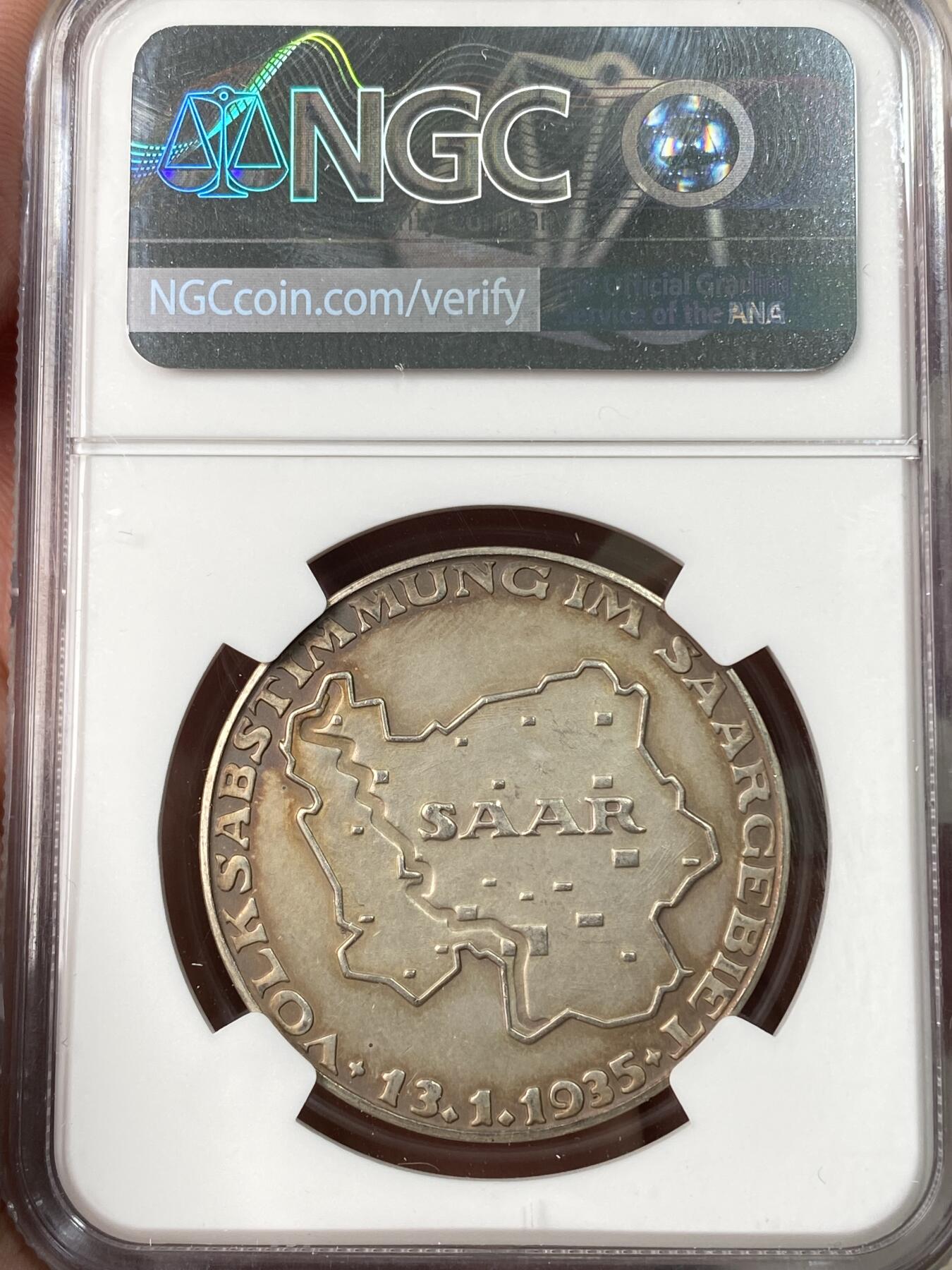 万国钱币拍卖第062期 NGC MS61 1935年德国萨尔区回归纪念银章 原味天鹅绒金彩银光闪烁