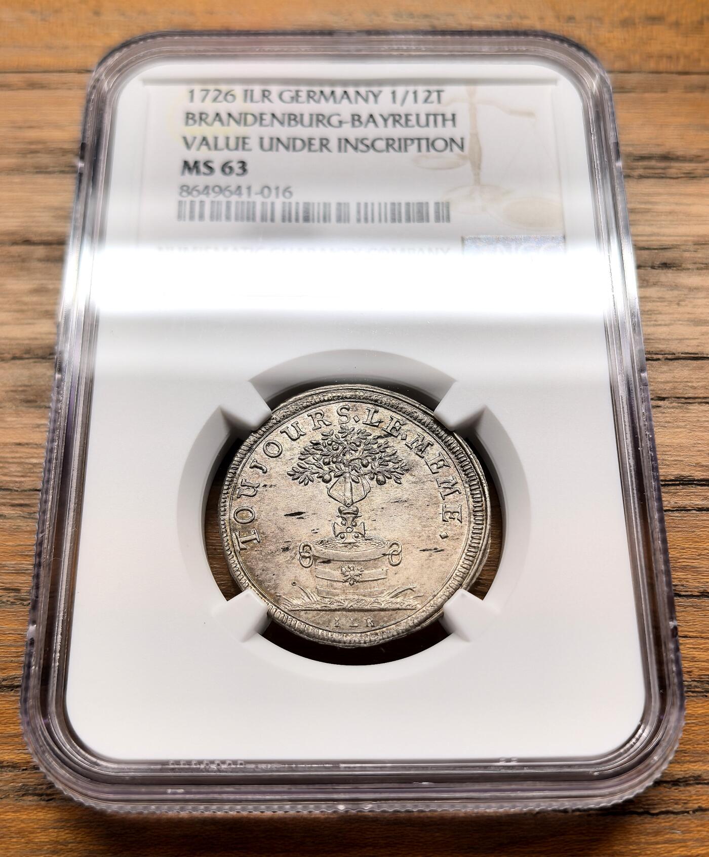 此心安处是吾乡·凡希社世界钱币微拍第三百二十期 1726德国勃兰登堡-拜罗伊特纪念格奥尔格·威廉侯爵逝世1/12泰勒银币NGC-MS63