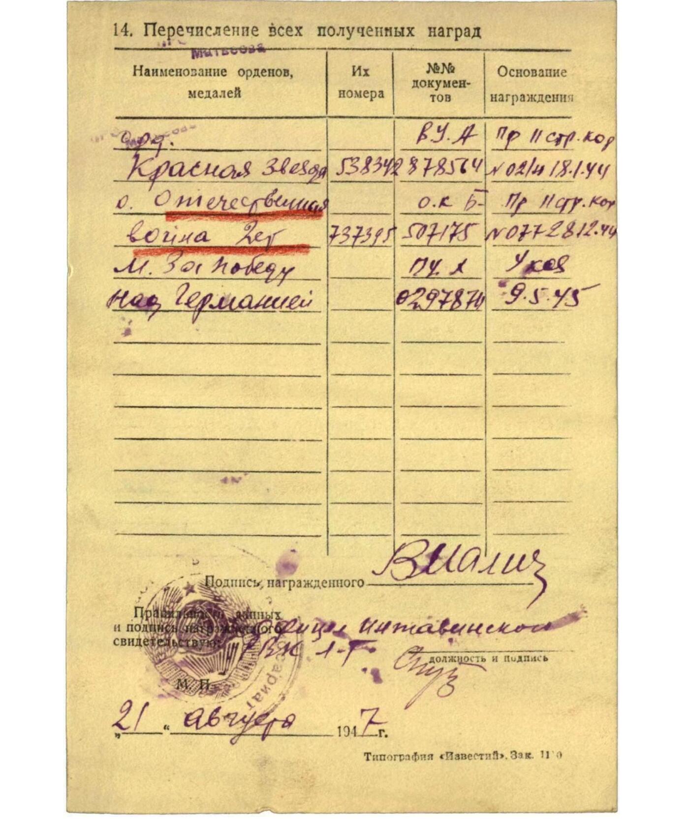 各国勋章奖章拍卖第50期 苏联红星勋章430664号，带银轮，1943年末期生产，早期无台号段，授予炮兵上尉准确侦查消灭德军炮兵连阵地