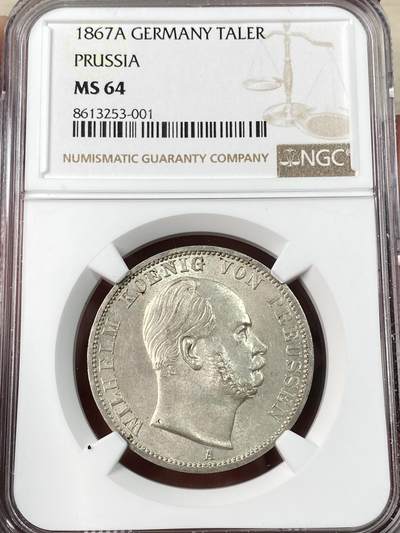万国钱币拍卖第062期 - NGC MS64 1867德国普鲁威廉一世鹰徽流通1泰勒 优雅青灰十字转光 充分流通品种好品难得