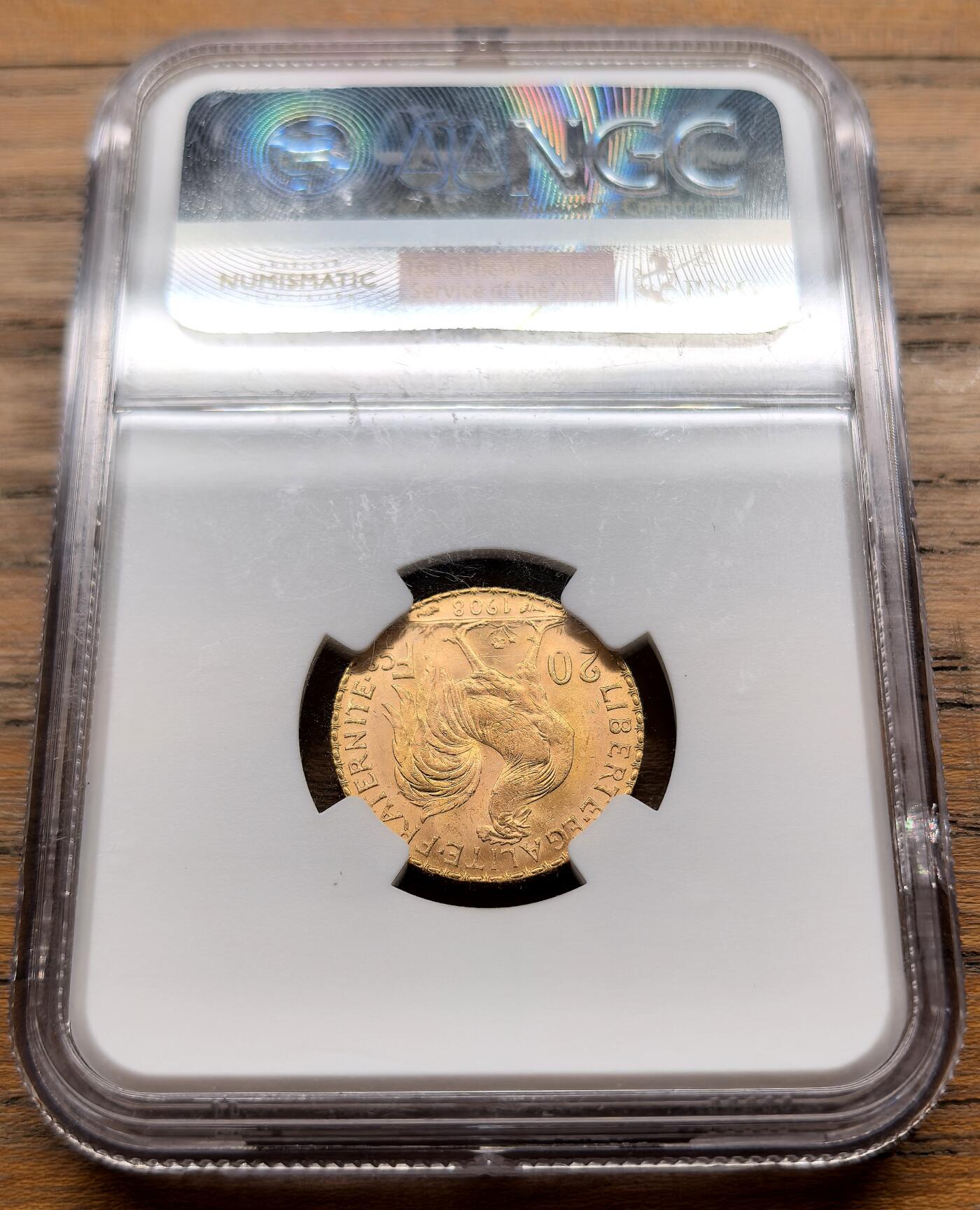 此心安处是吾乡·凡希社世界钱币微拍第三百二十期 1908法兰西第三共和国自由帽女神20法郎金币NGC-MS66，6.45g，900金，高分收藏级品相！