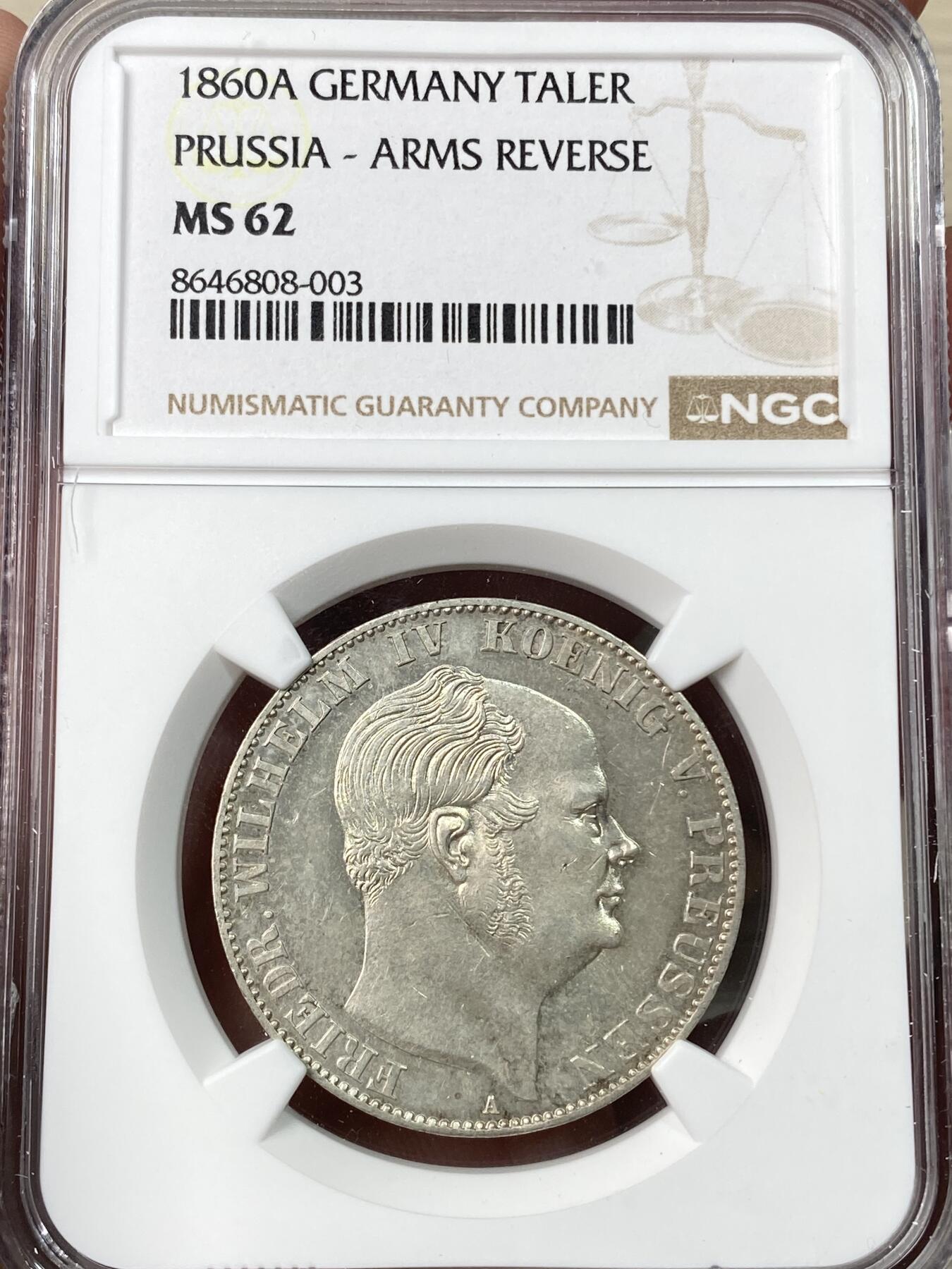 万国钱币拍卖第062期 NGC MS62 1860年德国普鲁士威廉四世离冠鹰流通1泰勒 流通充分品种 极致银霜轻微镜面收藏级