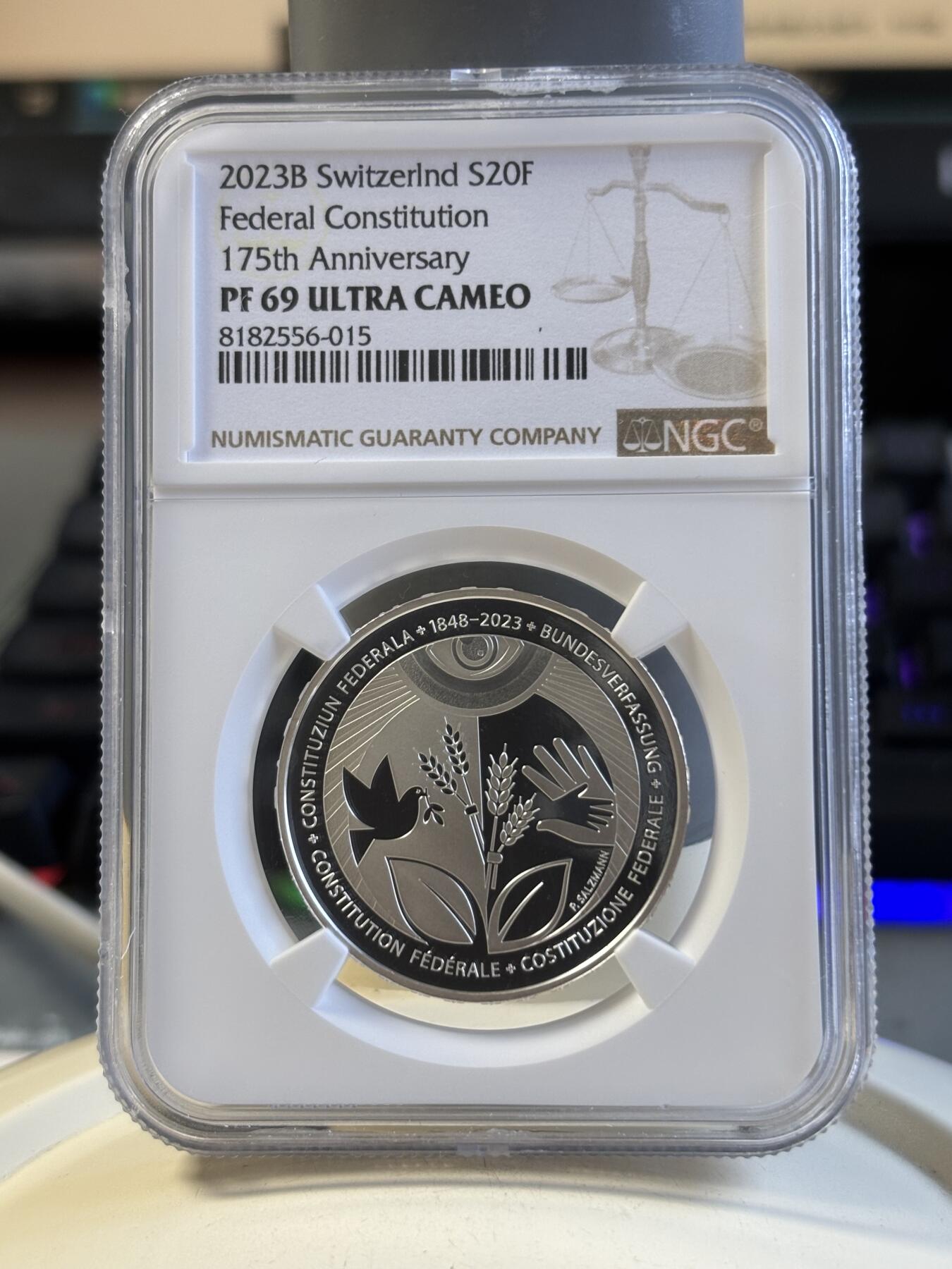 第191期拍卖 瑞士2023年联邦175周年纪念银币NGC-PF69,999银，20克