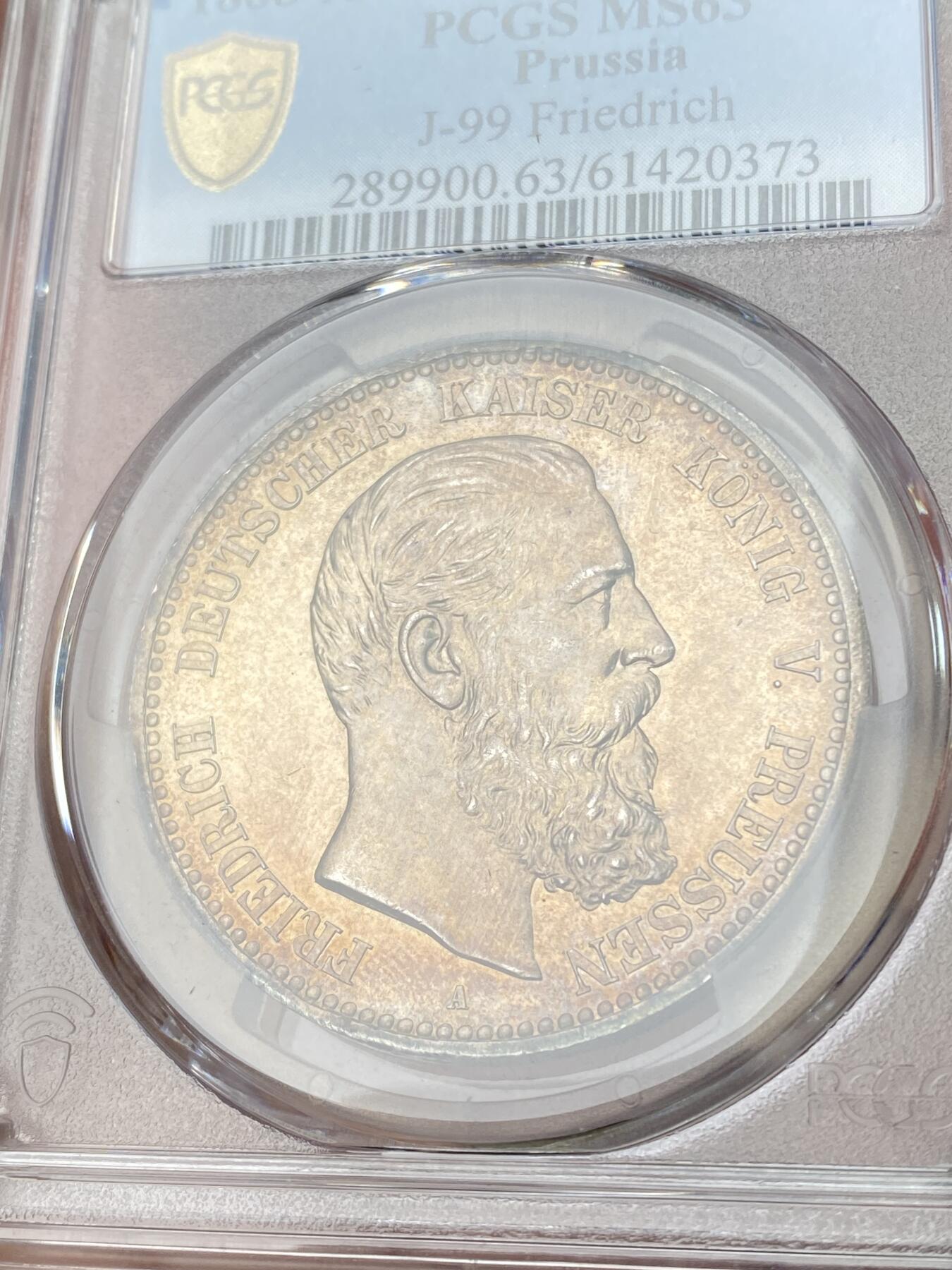 万国钱币拍卖第062期 PCGS MS63 1888你德国普鲁士三皇年腓特烈三世流通短翅5马克银币 油沁质感粉光底板 极美香槟金彩 收藏级品质