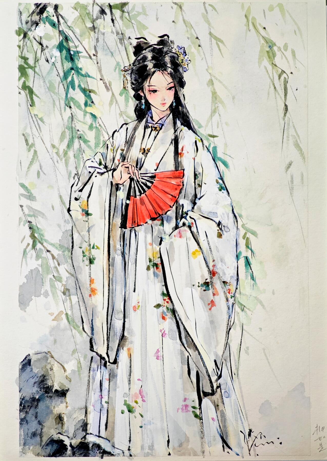 白泽拍卖卡牌手绘专场第33期（去岁千般皆如愿 今年万事定称心） 2025 迟迟手绘画 柳如是 尺寸：26.1cm*41cm  迟迟亲签