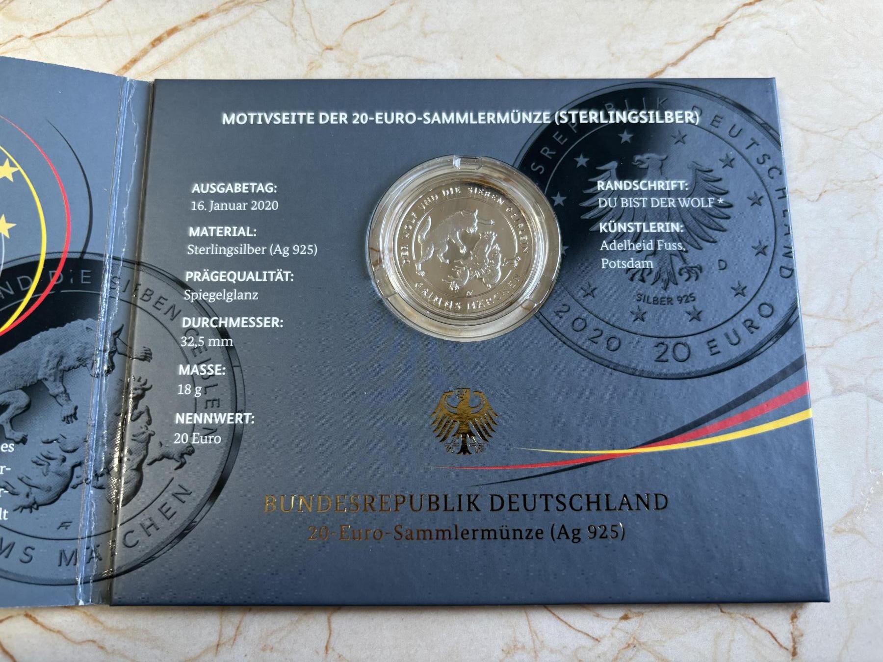 第191期拍卖 德国2020年20欧元精制银币 狼和七只小山羊（格林童话） 18克925银 卡装