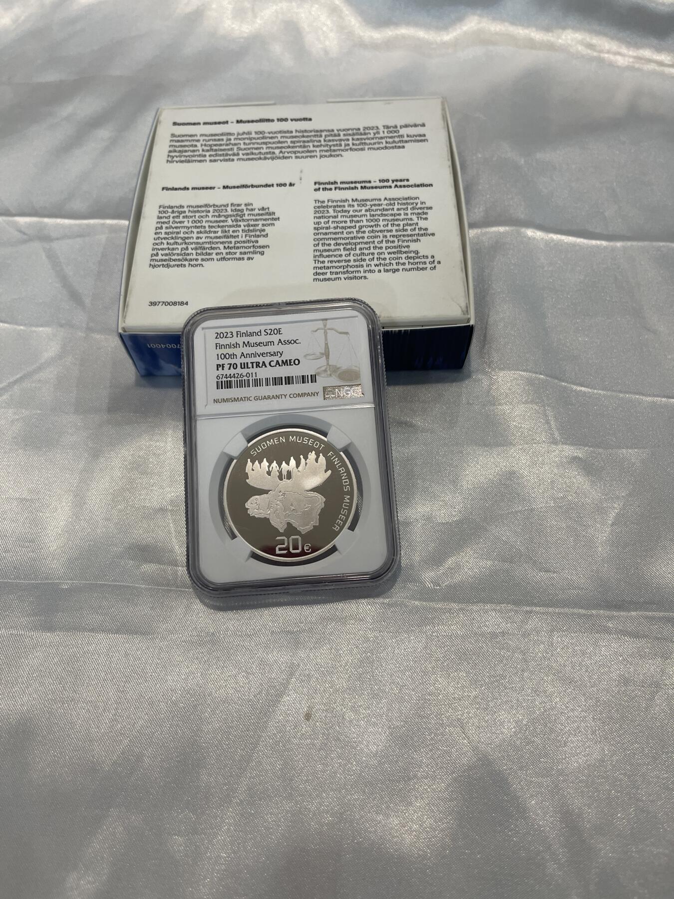2023年芬兰20欧银币，100周年纪念，NGC评级PF70 ，带原装评级盒和包装盒，限量发行，收藏佳品