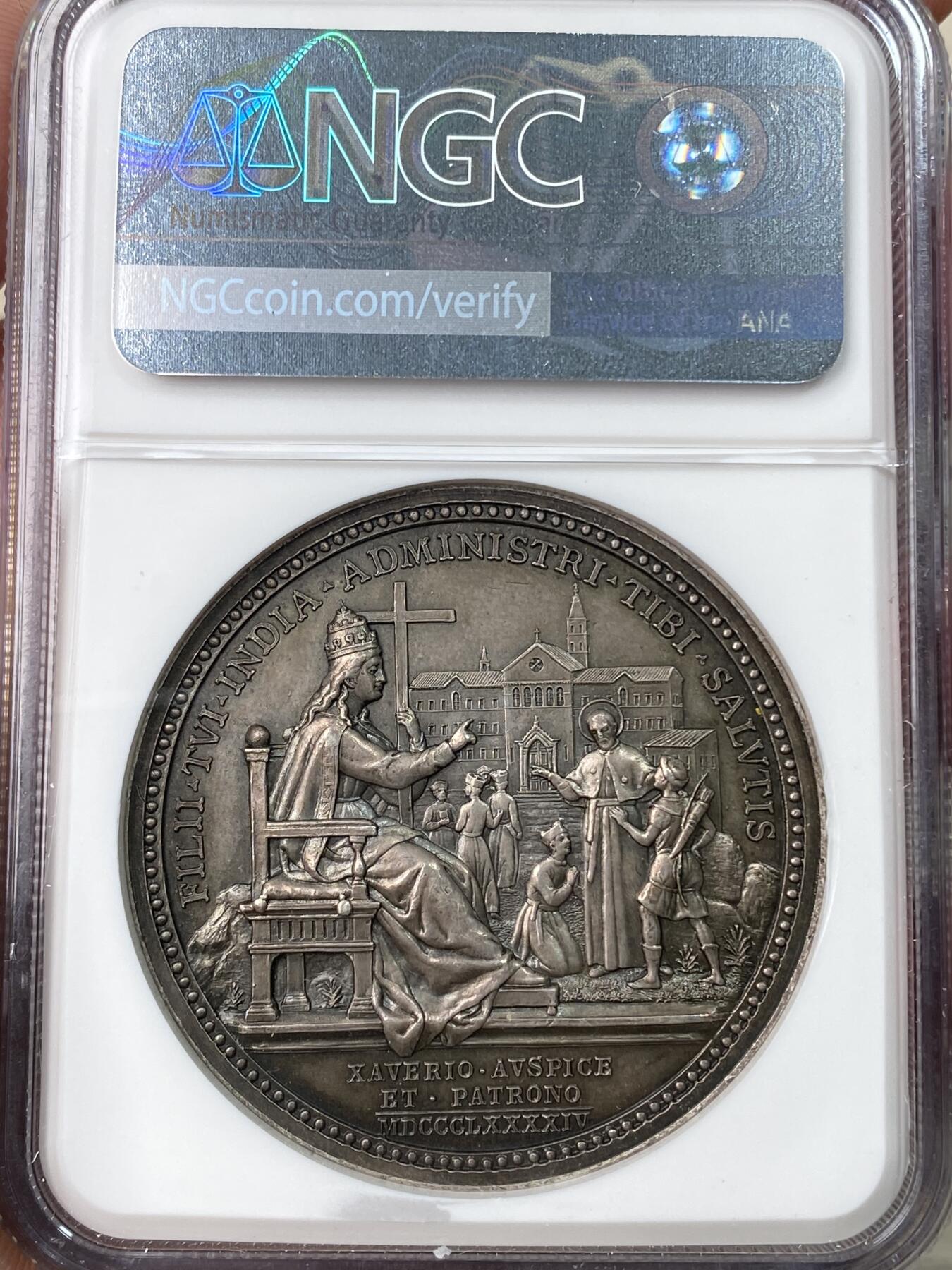 万国钱币拍卖第062期 NGC MS62 1894年梵蒂冈教皇国在英属印度建立教皇神学院纪念大银章 罗马造币厂铸 高浮雕教化女神向印度教众传教