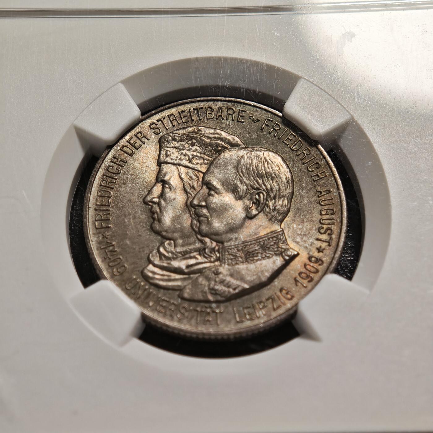 【德藏】世界币章拍卖第166期（拍品征集中~欢迎藏友联系） 1909年德国萨克森莱比锡大学2马克银币 NGC MS65 深彩包浆