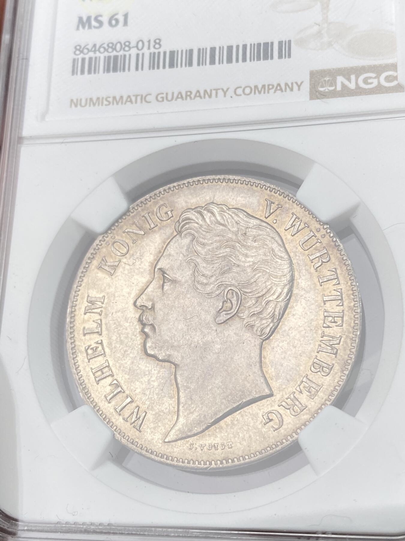 万国钱币拍卖第062期 NGC MS61 1851年德国符腾堡狮鹿流通2古尔登大银币 原味香槟金彩观感极佳 少见年份NGC唯一亚军仅4枚有分记录高难收藏级
