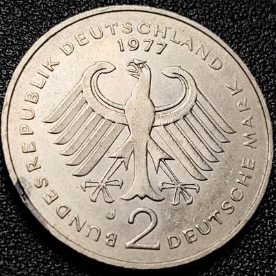 泉币菌-第204场-元宵节专场 本场拍品多 请提前出价 - 原光美品 总理阿登纳 1977年 德国2马克镍铜纪念币 27毫米