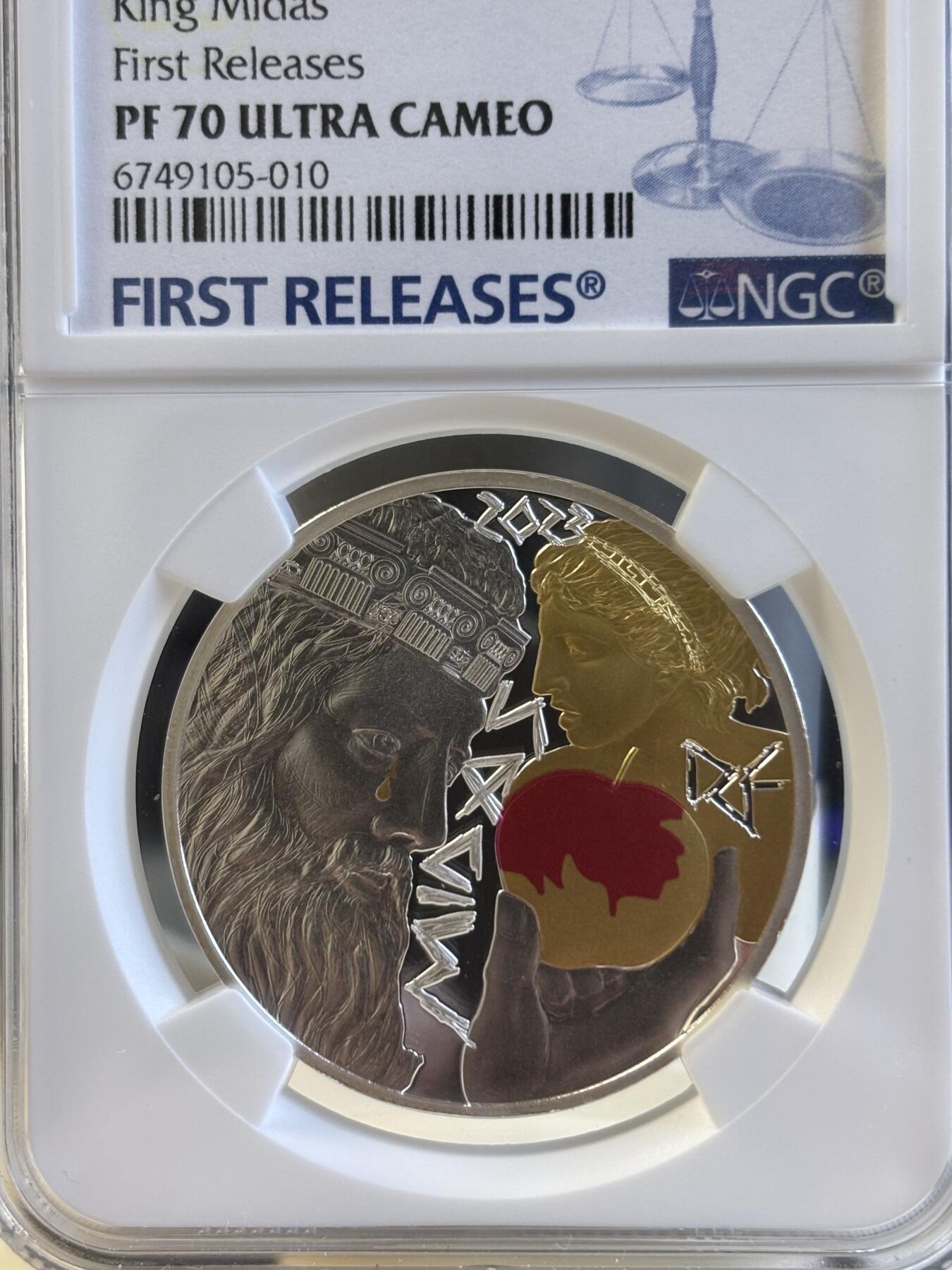 第191期拍卖  法国2023年黄金传说 弗里吉亚国王迈达斯 精制镀金纪念银币NGC-PF70首，22.2克，999银，发行3000枚