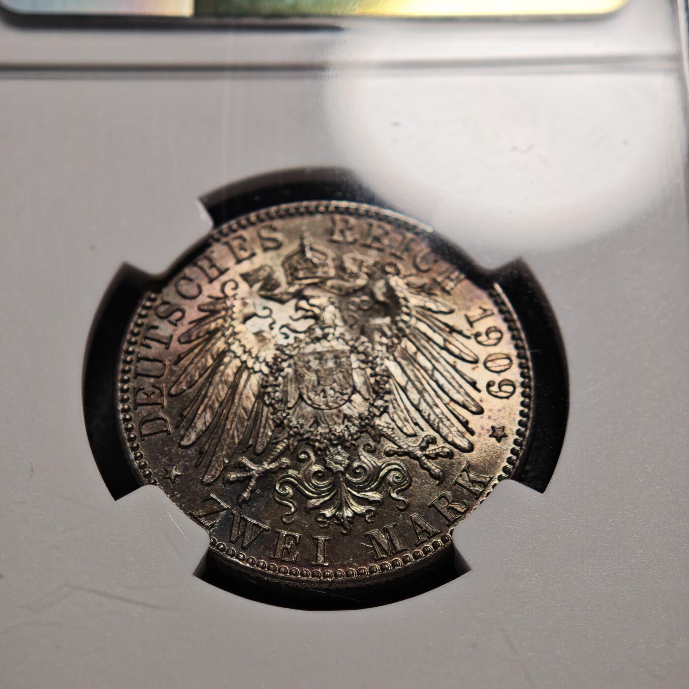 【德藏】世界币章拍卖第166期（拍品征集中~欢迎藏友联系） 1909年德国萨克森莱比锡大学2马克银币 NGC MS65 深彩包浆