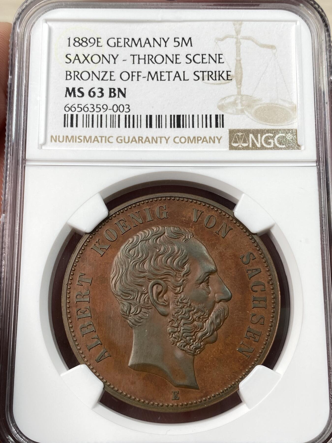 万国钱币拍卖第062期 NGC MS63 1889年德国萨克森韦廷王朝800周年纪念5马克铜样 萨克森大名誉品种 宝座之上的韦廷女神向人们挥手致意 欧洲古典艺术之作 原味巧克力包浆