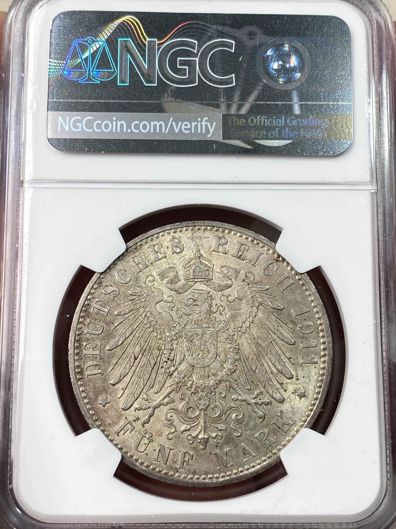 万国钱币拍卖第062期 NGC MS62 1911年德国巴伐利亚摄政王利奥波德90大寿纪念5马克 欧陆淡彩十字转光状态极佳