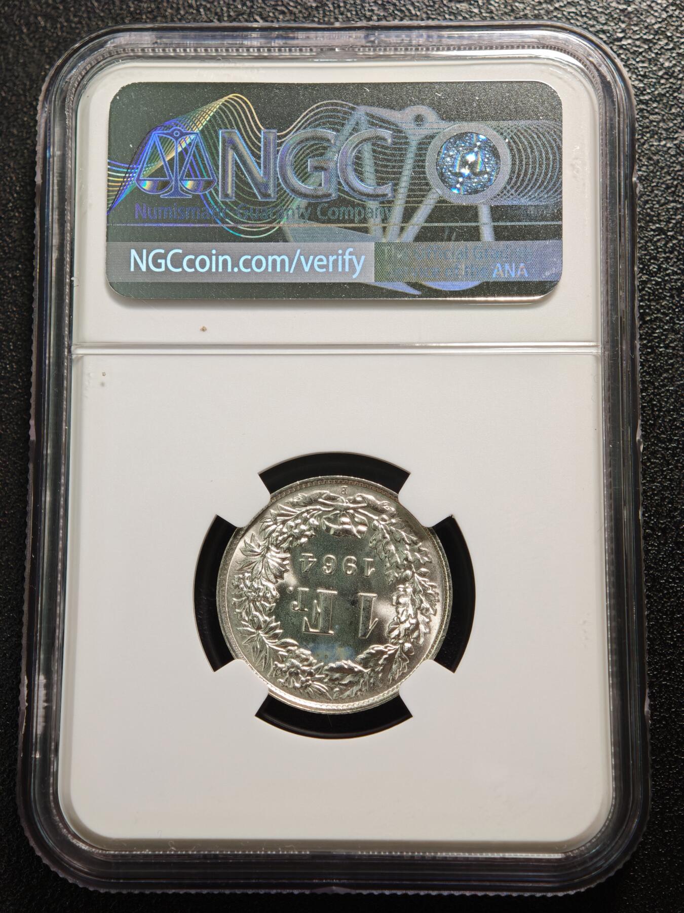 【德藏】世界币章拍卖第166期（拍品征集中~欢迎藏友联系） 1964年 瑞士1法郎银币 NGC MS65 原光十足