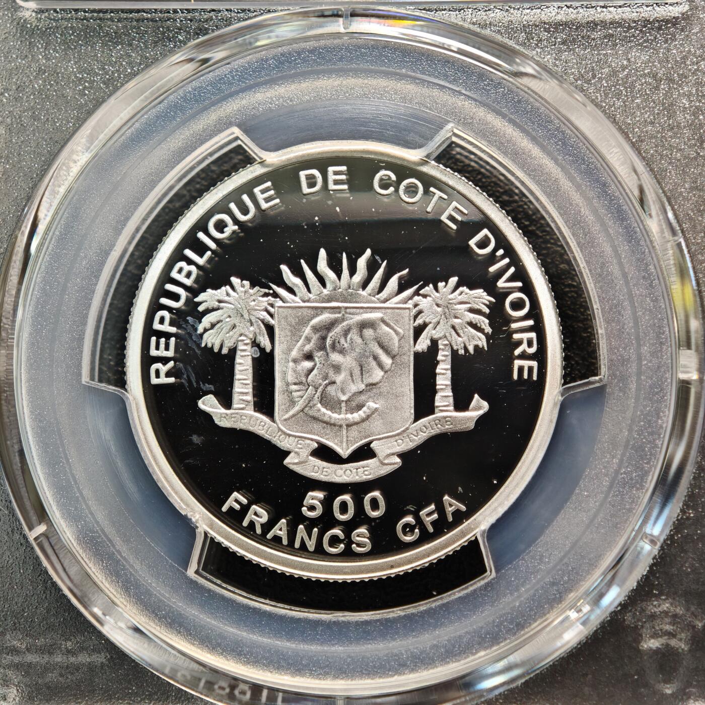 【德藏】世界币章拍卖第166期（拍品征集中~欢迎藏友联系） 2008年 科特迪瓦罗兹巨像500法郎精制纪念银币 PCGS PR68DCAM