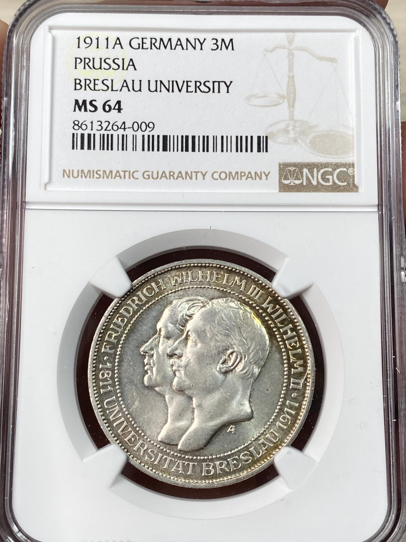 万国钱币拍卖第062期 NGC MS64 1911年德国普鲁士布雷斯劳大学长翅3马克 双面转光环五彩极美光度炸裂