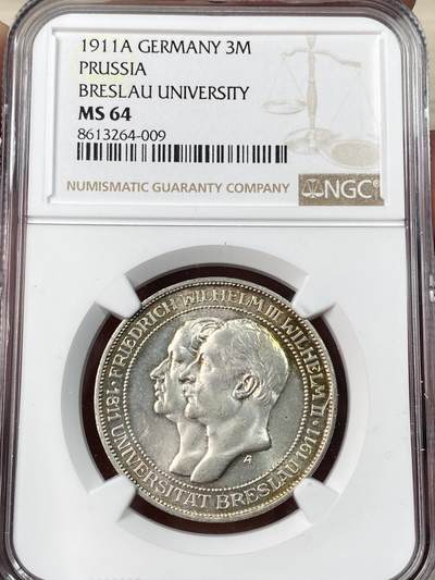 万国钱币拍卖第062期 - NGC MS64 1911年德国普鲁士布雷斯劳大学长翅3马克 双面转光环五彩极美光度炸裂