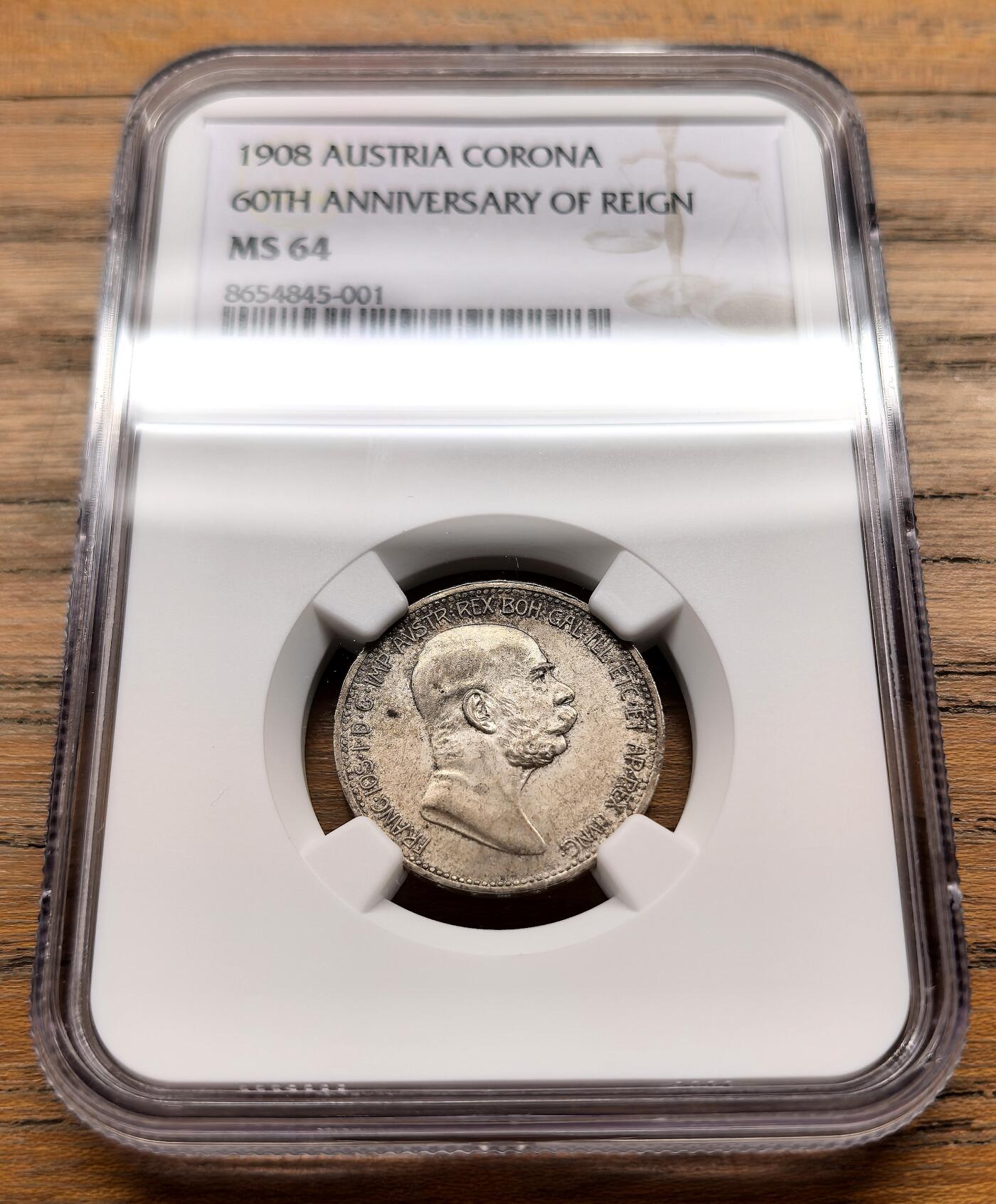 此心安处是吾乡·凡希社世界钱币微拍第三百二十期 1908奥地利约瑟夫加冕60周年纪念科罗那银币NGC-MS64，不是常见的流通版，要少很多。