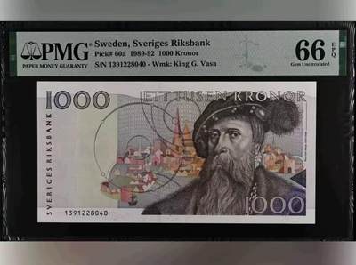 【礼羽收藏】🌏世界钱币拍卖126期 - 瑞典 1989-92年1000克朗 初版 PMG66EPQ 瑞典国王古斯塔夫