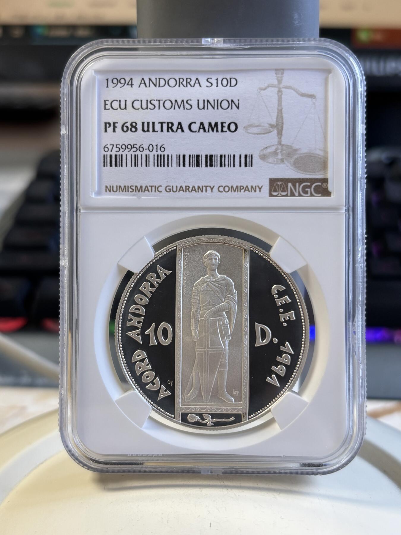 第191期拍卖 安道尔1994年关税同盟精制纪念银币NGC-PF68,  925银 ,31.47g