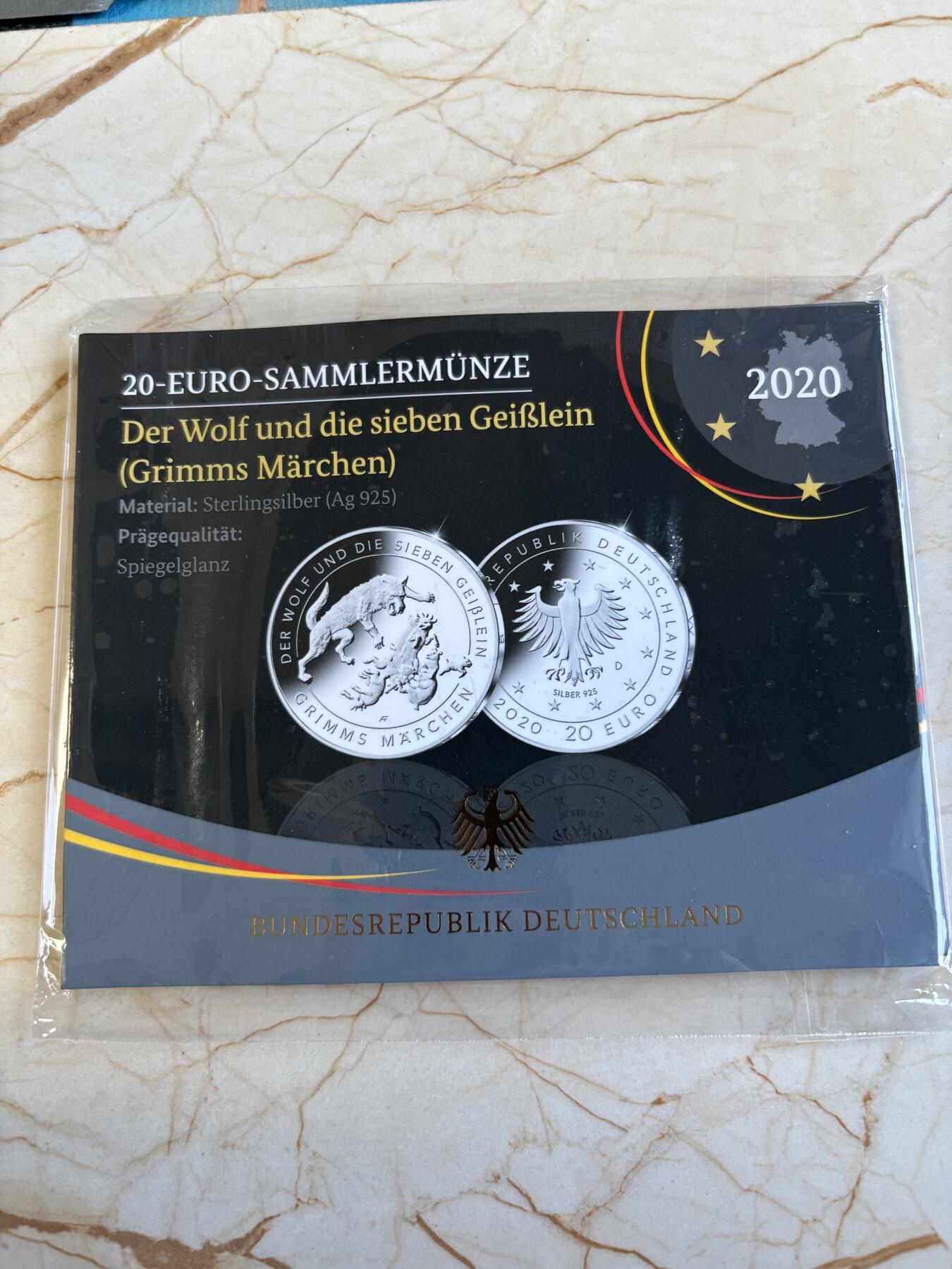 第191期拍卖 德国2020年20欧元精制银币 狼和七只小山羊（格林童话） 18克925银 卡装