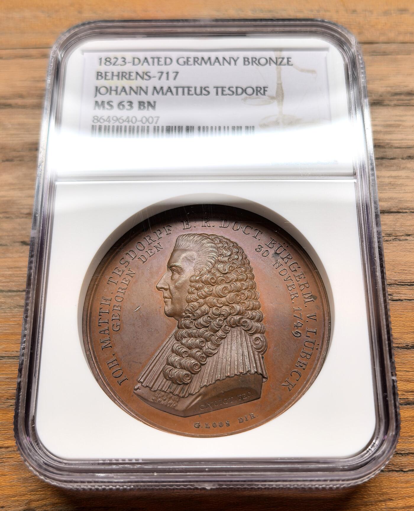 此心安处是吾乡·凡希社世界钱币微拍第三百二十期 1823德国汉堡约翰·马蒂亚斯·特斯多夫公职服务50周年纪念铜章NGC-MS63，名家LOOS作品。