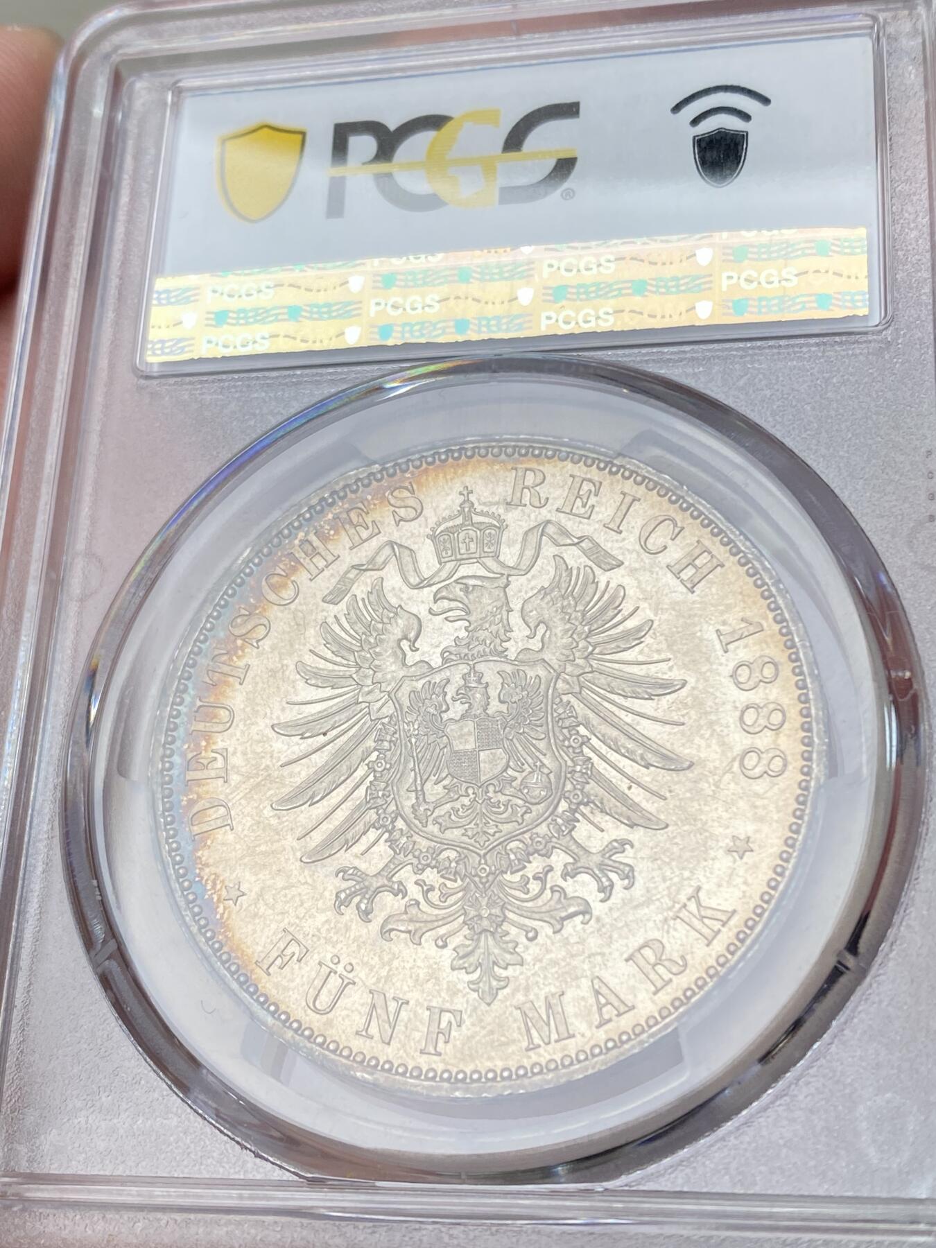万国钱币拍卖第062期 PCGS MS63 1888你德国普鲁士三皇年腓特烈三世流通短翅5马克银币 油沁质感粉光底板 极美香槟金彩 收藏级品质