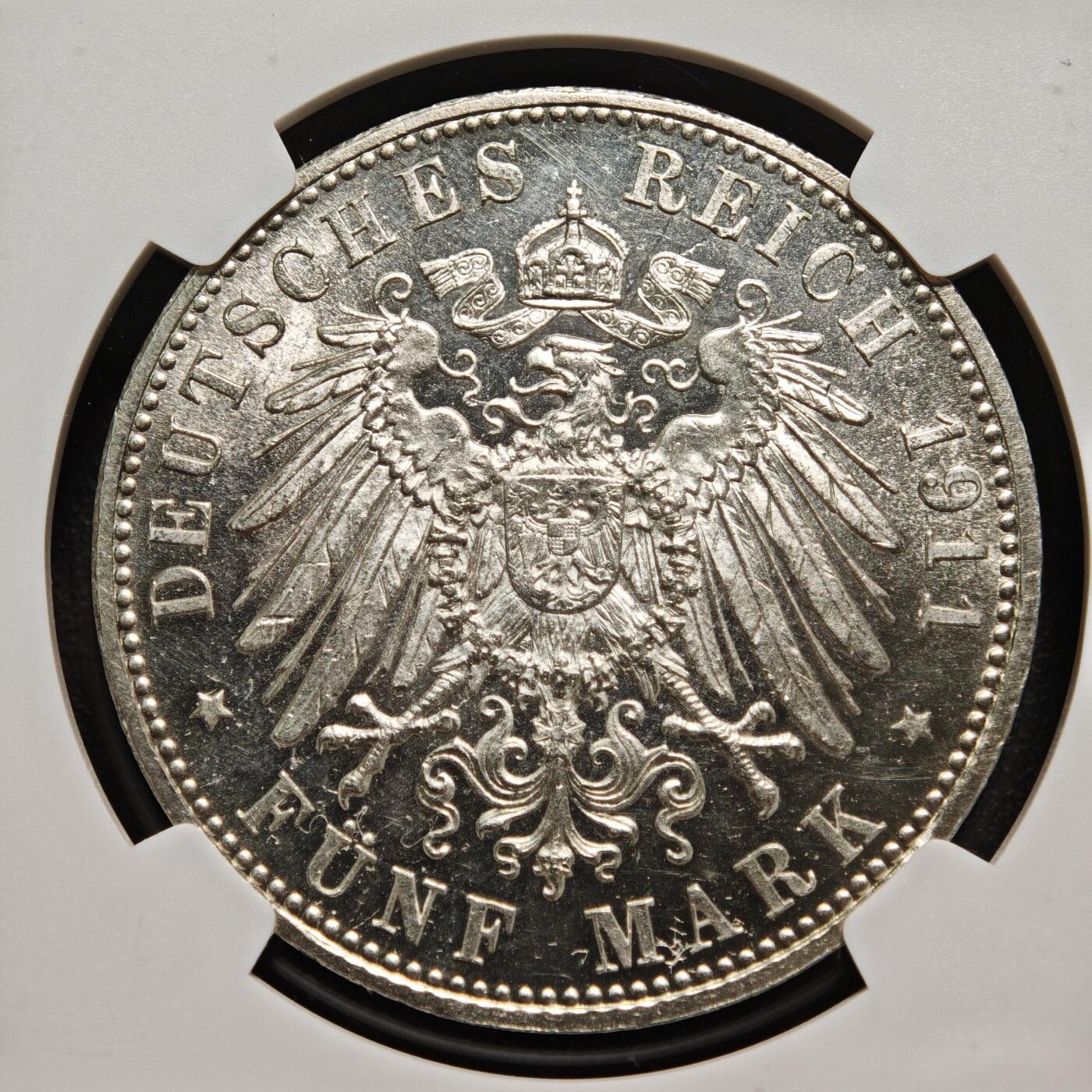 【德藏】世界币章拍卖第166期（拍品征集中~欢迎藏友联系） 1911年 德国巴伐利亚摄政王利奥波德90大寿5马克大银币 NGC MS62 原光十足
