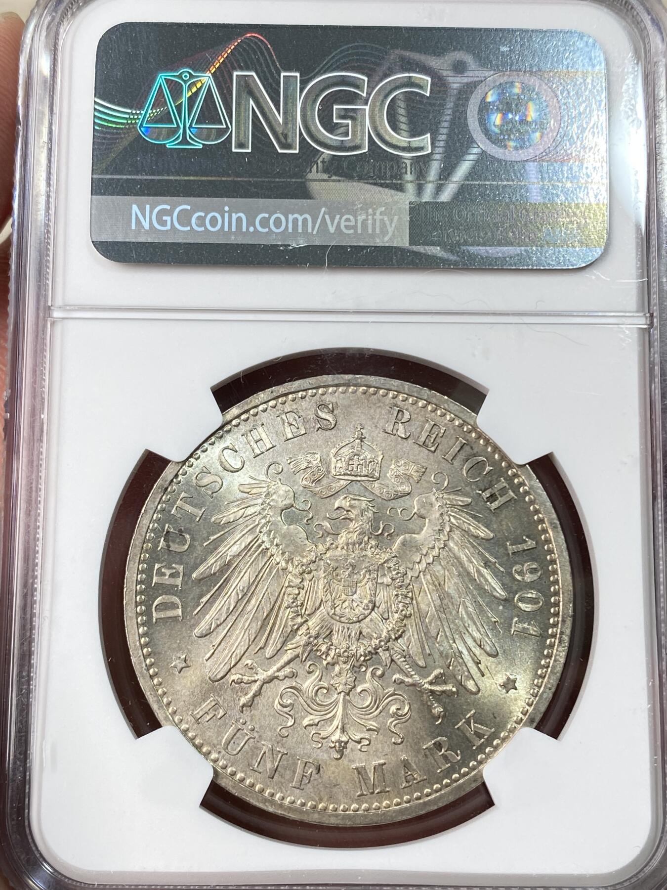万国钱币拍卖第062期 NGC MS64 1901年德国威廉二世纪念普鲁士建国200周年长翅5马克 帝国马克最广为流通的系列之一 原味银霜黄油转光收藏级