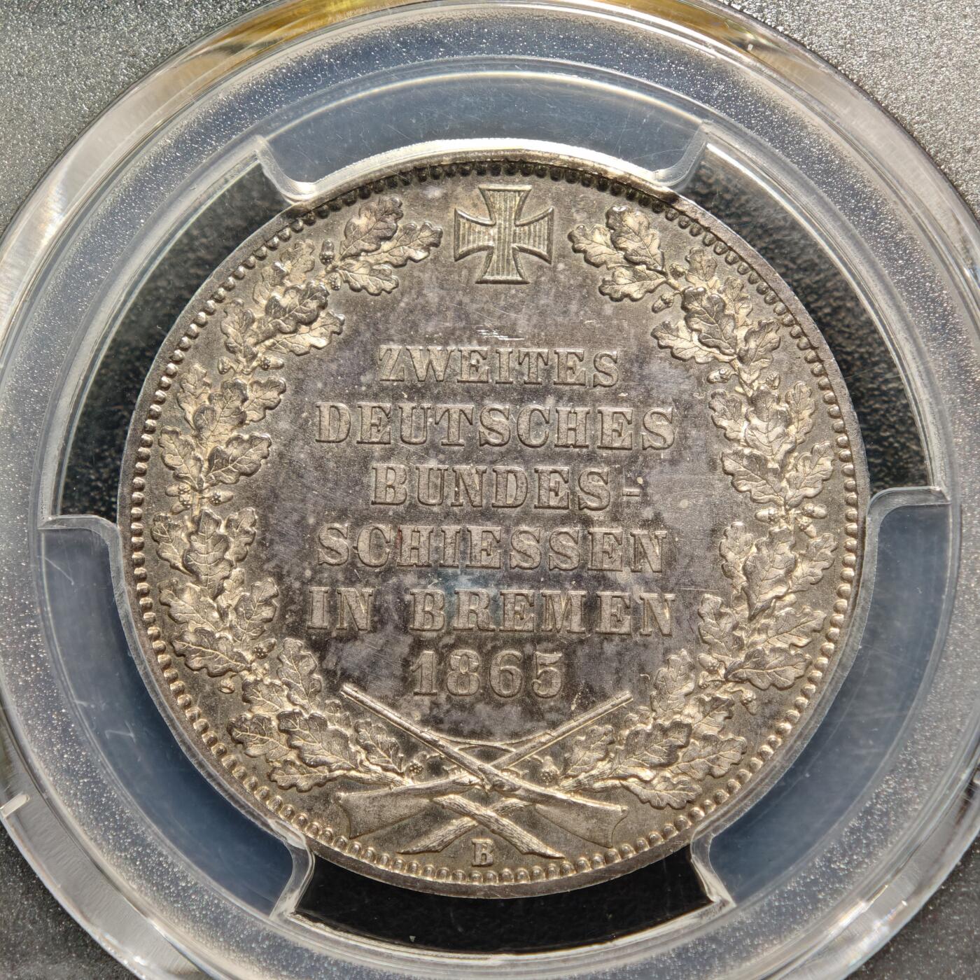【德藏】世界币章拍卖第166期（拍品征集中~欢迎藏友联系） 1865年 德国不莱梅泰勒银币 PCGS MS66PL 类镜面底板 原味淡包浆 状态极佳