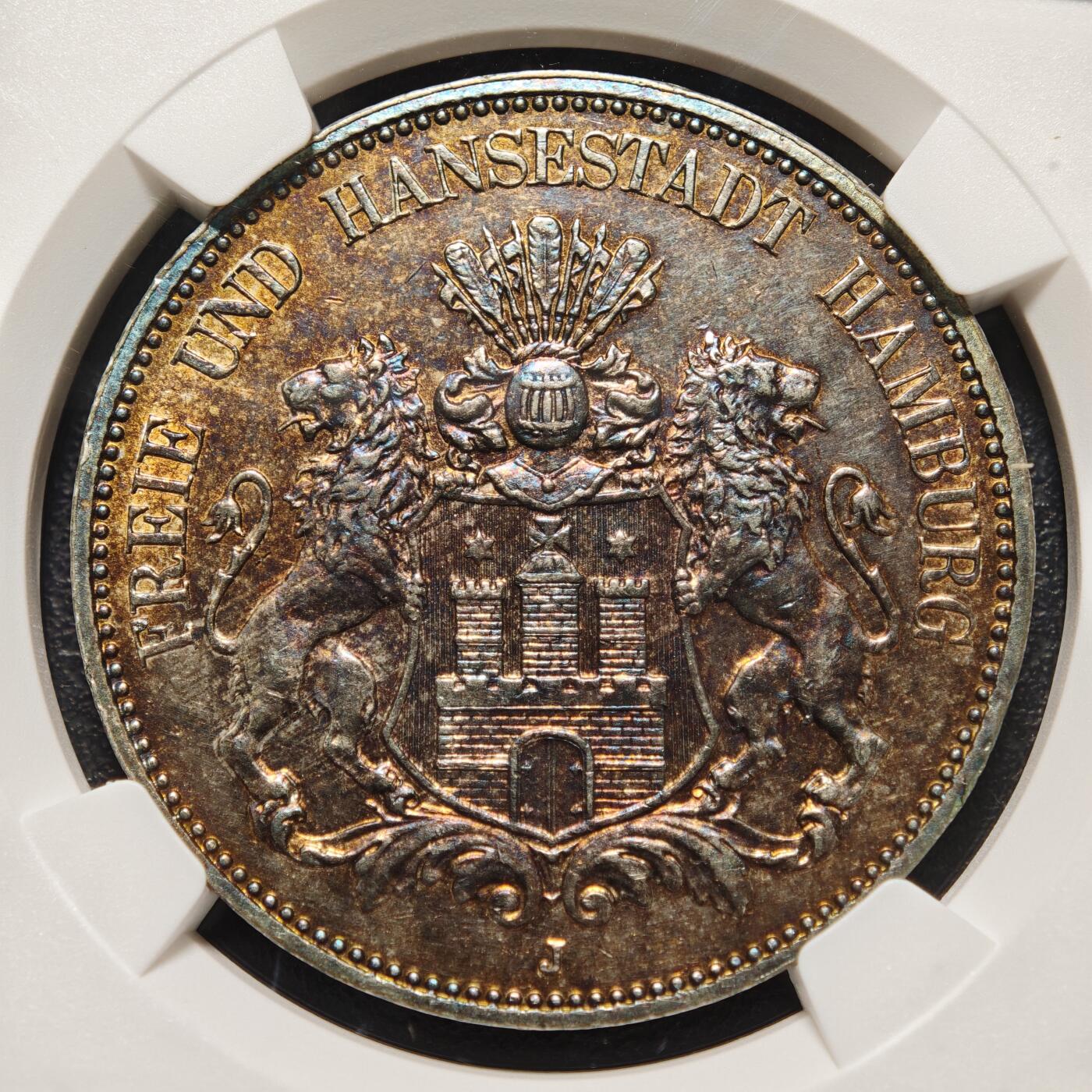 【德藏】世界币章拍卖第166期（拍品征集中~欢迎藏友联系） 1913年 德国汉堡5马克大银币 NGC AU